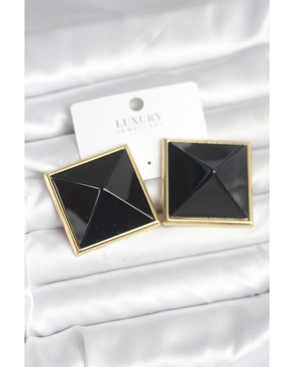Pirinç Gold Renk Siyah Piramit Model Kadın Küpe - TJ-BKP11385