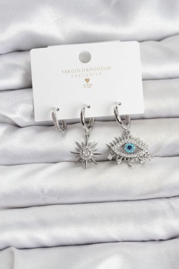 Göz Model Gümüş Renk Pirinç 3'lü Kadın Küpe Seti - TJ-BKP11440