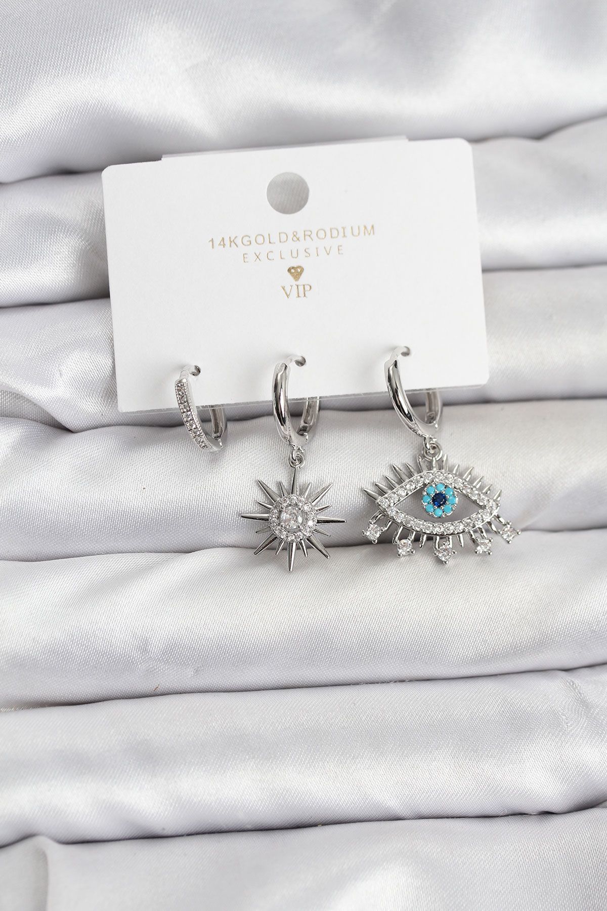 Göz Model Gümüş Renk Pirinç 3'lü Kadın Küpe Seti - TJ-BKP11440