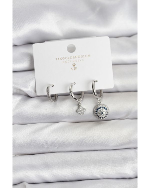 Nazar Model Gümüş Renk Pirinç 3'lü Kadın Küpe Seti - TJ-BKP11442