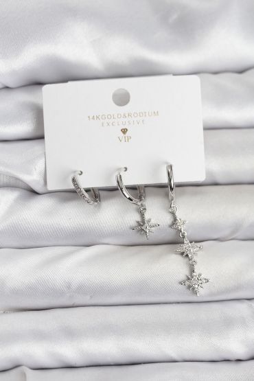 Kutup Yıldızı Model Gümüş Renk Pirinç 3'lü Kadın Küpe Seti - TJ-BKP11444