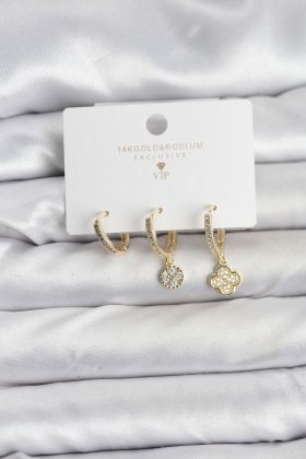Pirinç Gold Renk Yonca Model 3'lü Kadın Küpe Seti - TJ-BKP11445