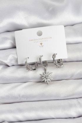 Pirinç Gümüş Renk Kutup Yıldızı Model 3'lü Kadın Küpe Seti - TJ-BKP11448