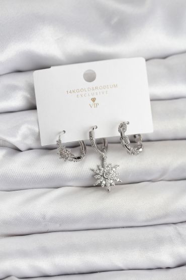 Pirinç Gümüş Renk Kutup Yıldızı Model 3'lü Kadın Küpe Seti - TJ-BKP11448