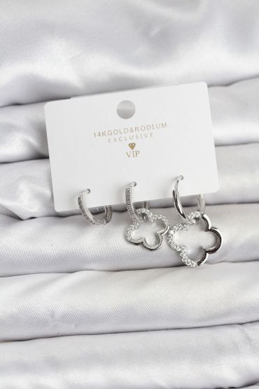 Yonca Model Gümüş Renk Pirinç 3'lü Kadın Küpe Seti - TJ-BKP11452