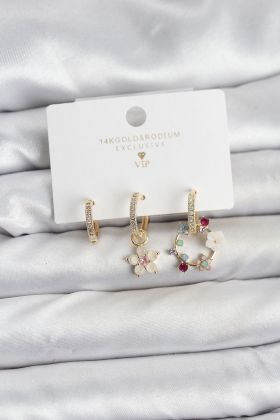 Çiçek Model Gold Renk Pirinç 3'lü Kadın Küpe Seti - TJ-BKP11453