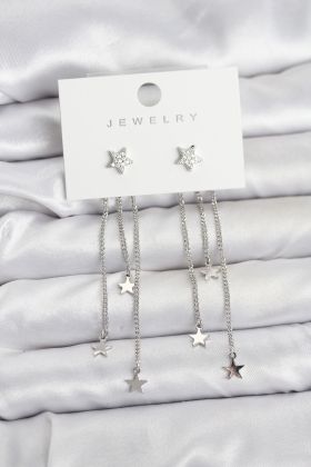 Yıldız Model Gümüş Renk Pirinç Sallantılı Kadın Küpe - TJ-BKP11462