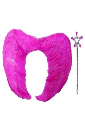 Gerçek Tüylü Katlanabilir Çocuk Pembe Melek Kanadı ve Asa Seti 40x55 cm