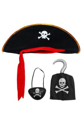 Kadife Kaptan Jack Korsan Şapkası Korsan Eli ve Korsan Göz Maskesi Çocuk Boy