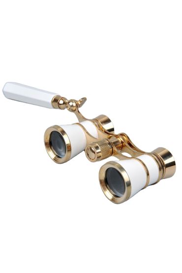 3x25 Nefis Işlemeli Tiyatro - Opera Dürbünü Prinç Metal Kaplamalı Retro Beyaz