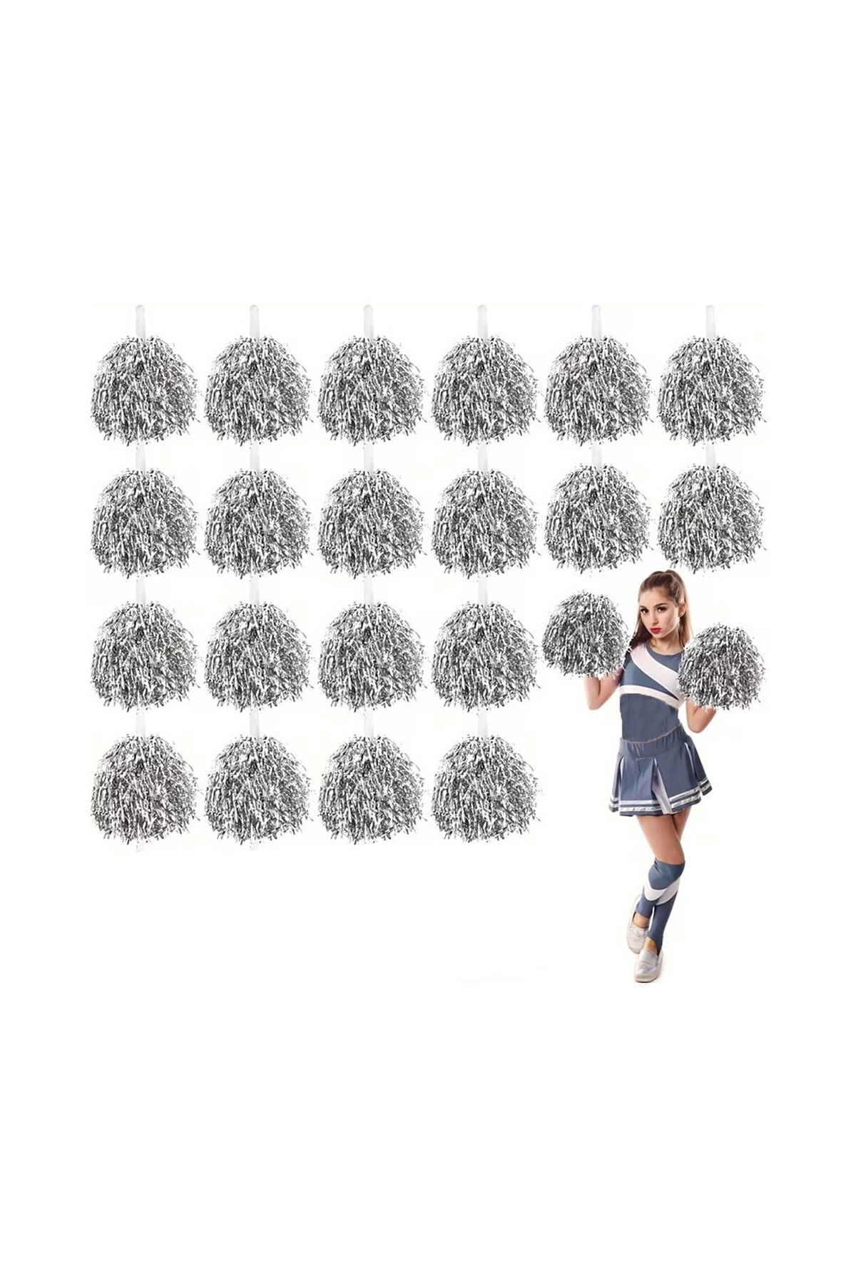 10 Çift ( 20 Adet ) Gümüş Renk 23 Nisan 19 Mayıs 29 Ekim Okul Gösteri Ponponları