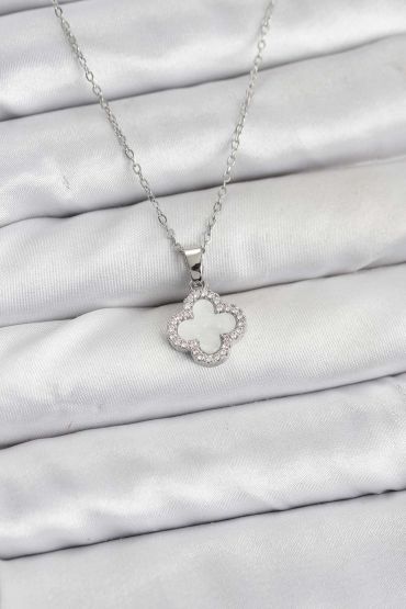 316L Çelik Zincir Gümüş Renk Sedefli Yonca Kadın Kolye - TJ-BKO10766