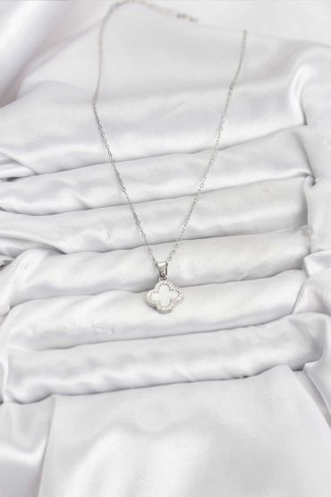 316L Çelik Zincir Gümüş Renk Sedefli Yonca Kadın Kolye - TJ-BKO10766