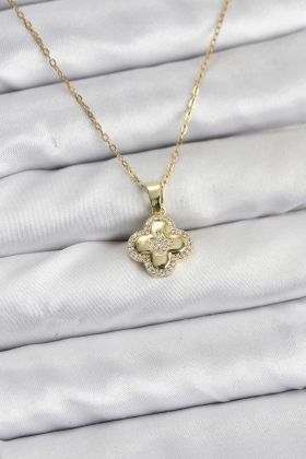 316L Çelik Zincir Gold Renk Zirkon Taşlı Yonca Model Kadın Kolye - TJ-BKO10767