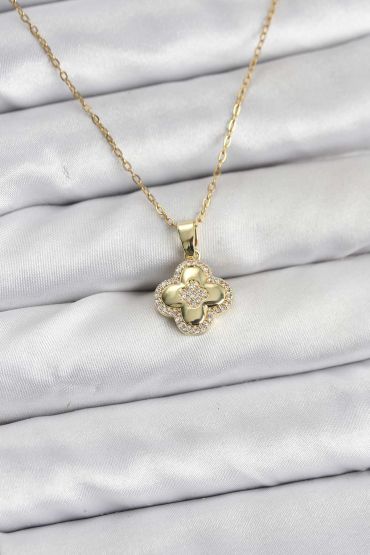 316L Çelik Zincir Gold Renk Zirkon Taşlı Yonca Model Kadın Kolye - TJ-BKO10767