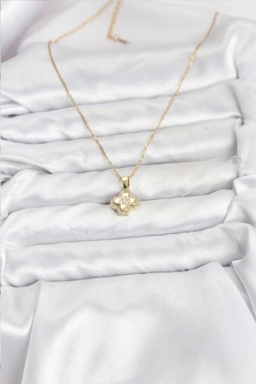 316L Çelik Zincir Gold Renk Zirkon Taşlı Yonca Model Kadın Kolye - TJ-BKO10767
