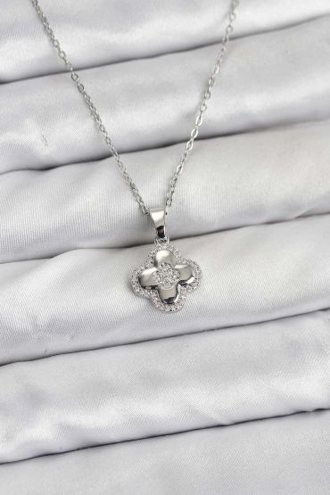 316L Çelik Zincir Gümüş Renk Zirkon Taşlı Yonca Model Kadın Kolye - TJ-BKO10768