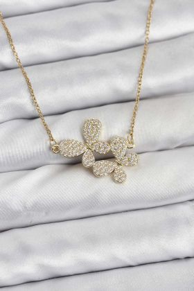 316L Çelik Zincir Gold Renk Zirkon Taşlı Kelebek Model Kadın Kolye - TJ-BKO10769