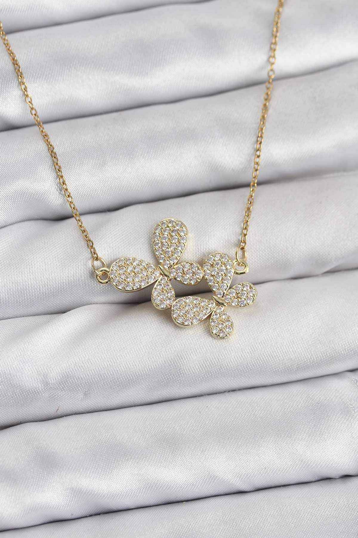 316L Çelik Zincir Gold Renk Zirkon Taşlı Kelebek Model Kadın Kolye - TJ-BKO10769