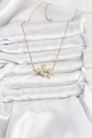 316L Çelik Zincir Gold Renk Zirkon Taşlı Kelebek Model Kadın Kolye - TJ-BKO10769