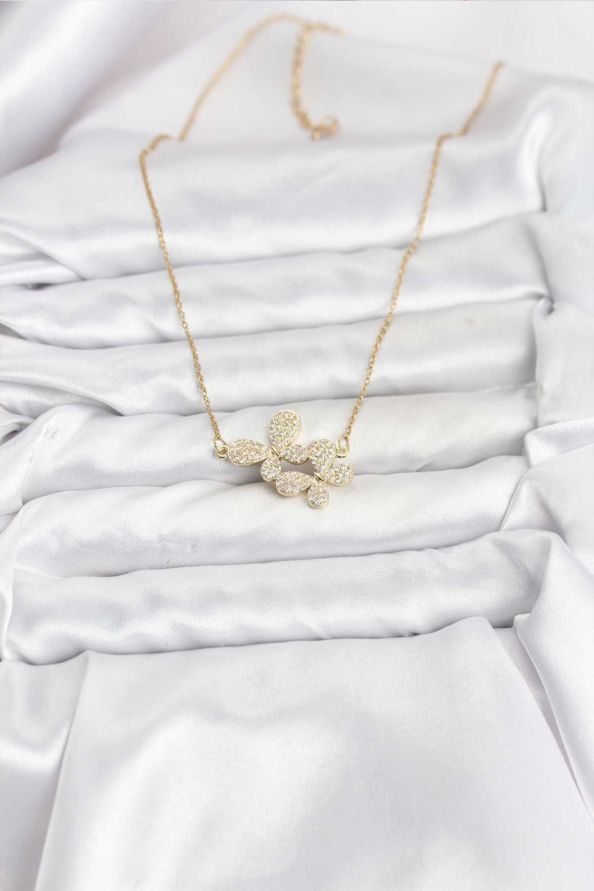 316L Çelik Zincir Gold Renk Zirkon Taşlı Kelebek Model Kadın Kolye - TJ-BKO10769