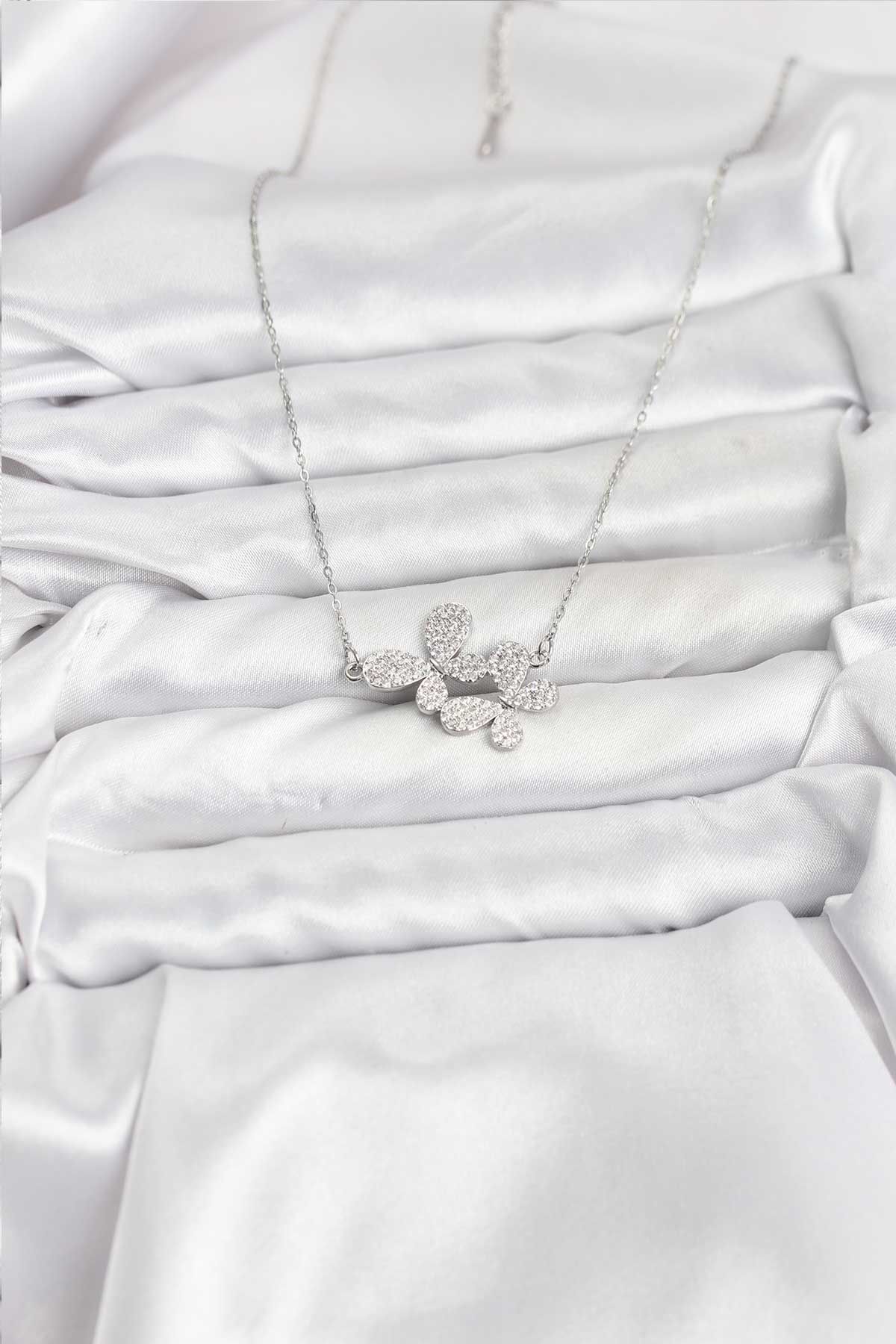 316L Çelik Zincir Gümüş Renk Zirkon Taşlı Kelebek Model Kadın Kolye - TJ-BKO10770