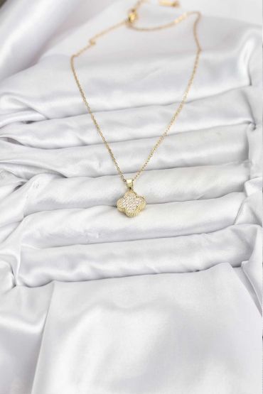 316L Çelik Zincir Gold Renk Zirkon Taşlı Yonca Model Kadın Kolye - TJ-BKO10771