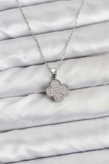 316L Çelik Zincir Gümüş Renk Zirkon Taşlı Yonca Model Kadın Kolye - TJ-BKO10772