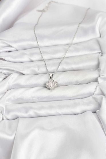 316L Çelik Zincir Gümüş Renk Zirkon Taşlı Yonca Model Kadın Kolye - TJ-BKO10772