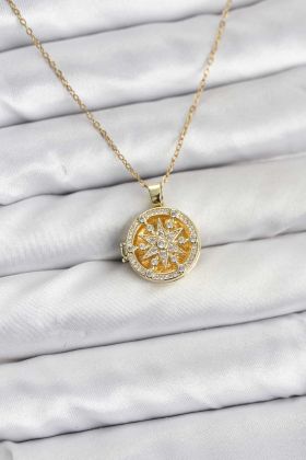 316L Çelik Zincir Gold Renk Kutup Yıldızı Kapaklı Model Kadın Kolye - TJ-BKO10773