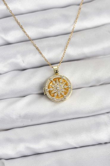 316L Çelik Zincir Gold Renk Kutup Yıldızı Kapaklı Model Kadın Kolye - TJ-BKO10773