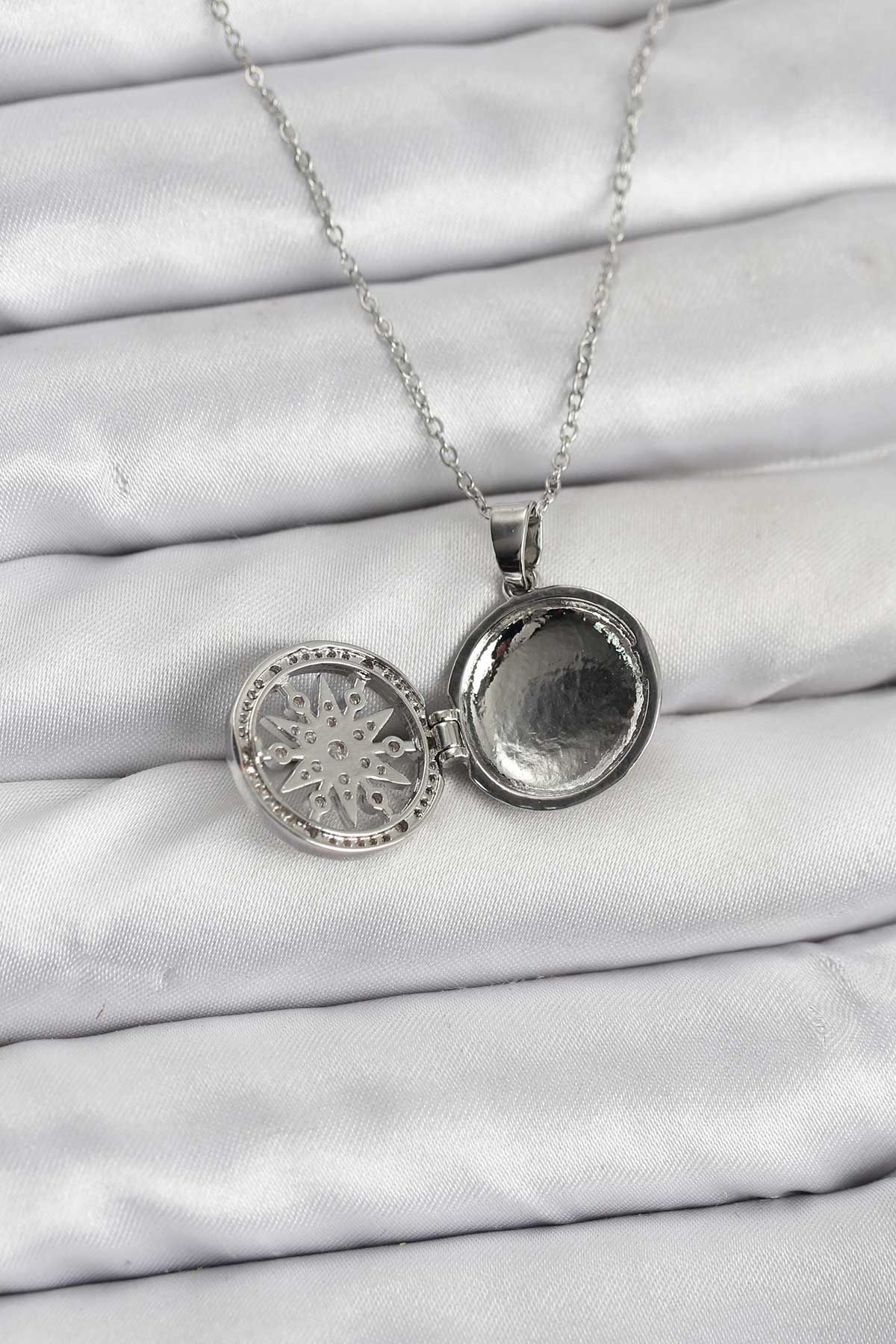 316L Çelik Zincir Gümüş Renk Kutup Yıldızı Kapaklı Model Kadın Kolye - TJ-BKO10774