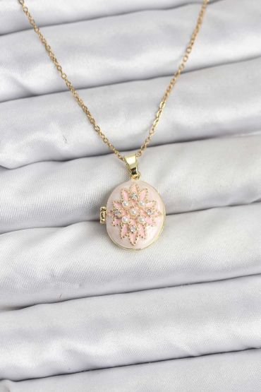 316L Çelik Zincir Gold Renk Mineli Lotus Model Açılabilir Kadın Kolye - TJ-BKO10776