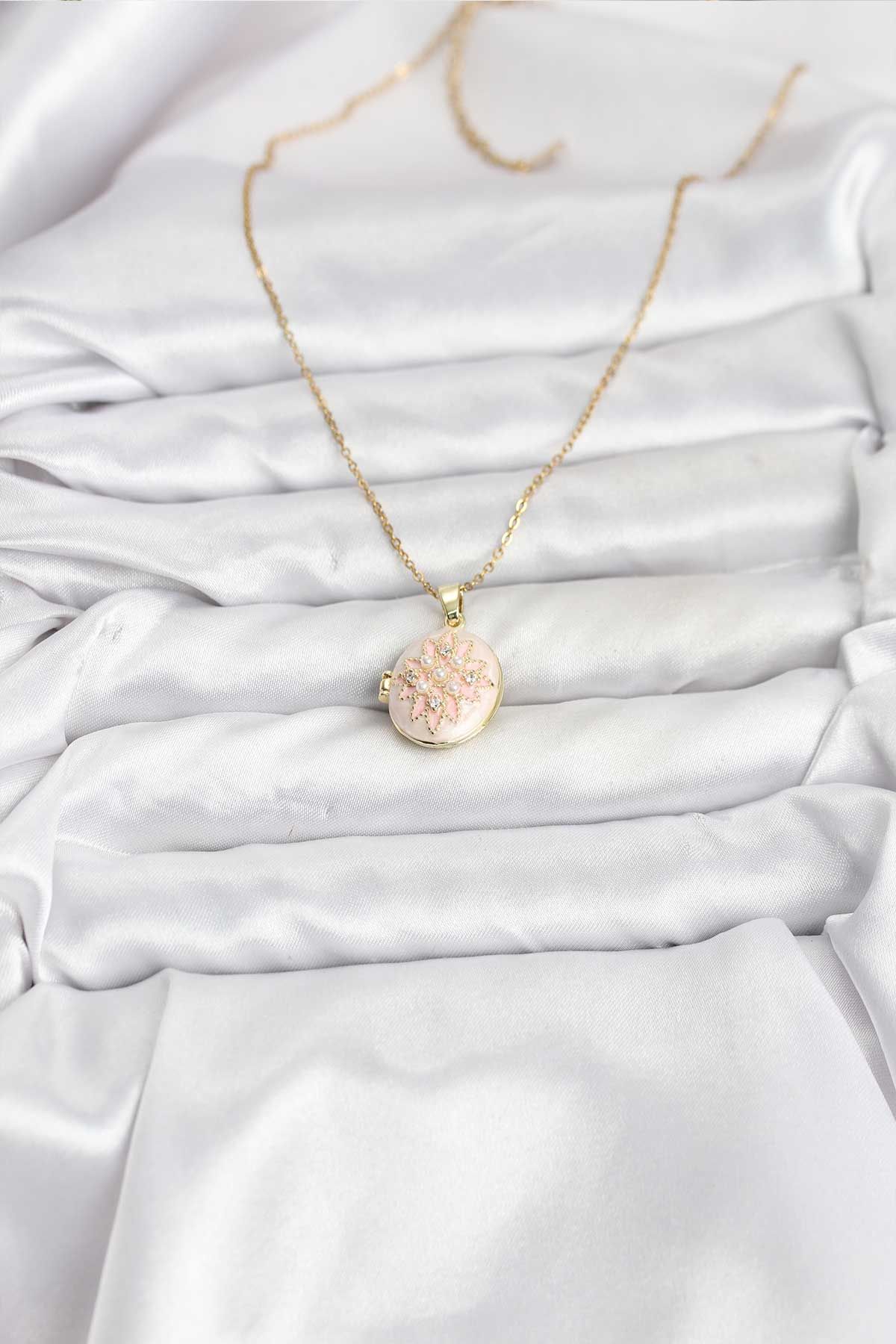 316L Çelik Zincir Gold Renk Mineli Lotus Model Açılabilir Kadın Kolye - TJ-BKO10776