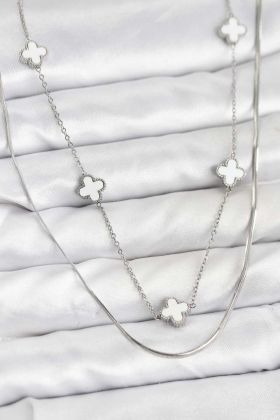 316L Çelik Zincir Gümüş Renk İtalyan Zincirli Yonca Model Kadın Kolye - TJ-BKO10779