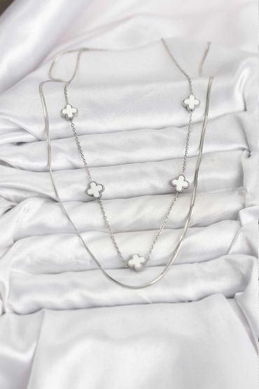 316L Çelik Zincir Gümüş Renk İtalyan Zincirli Yonca Model Kadın Kolye - TJ-BKO10779