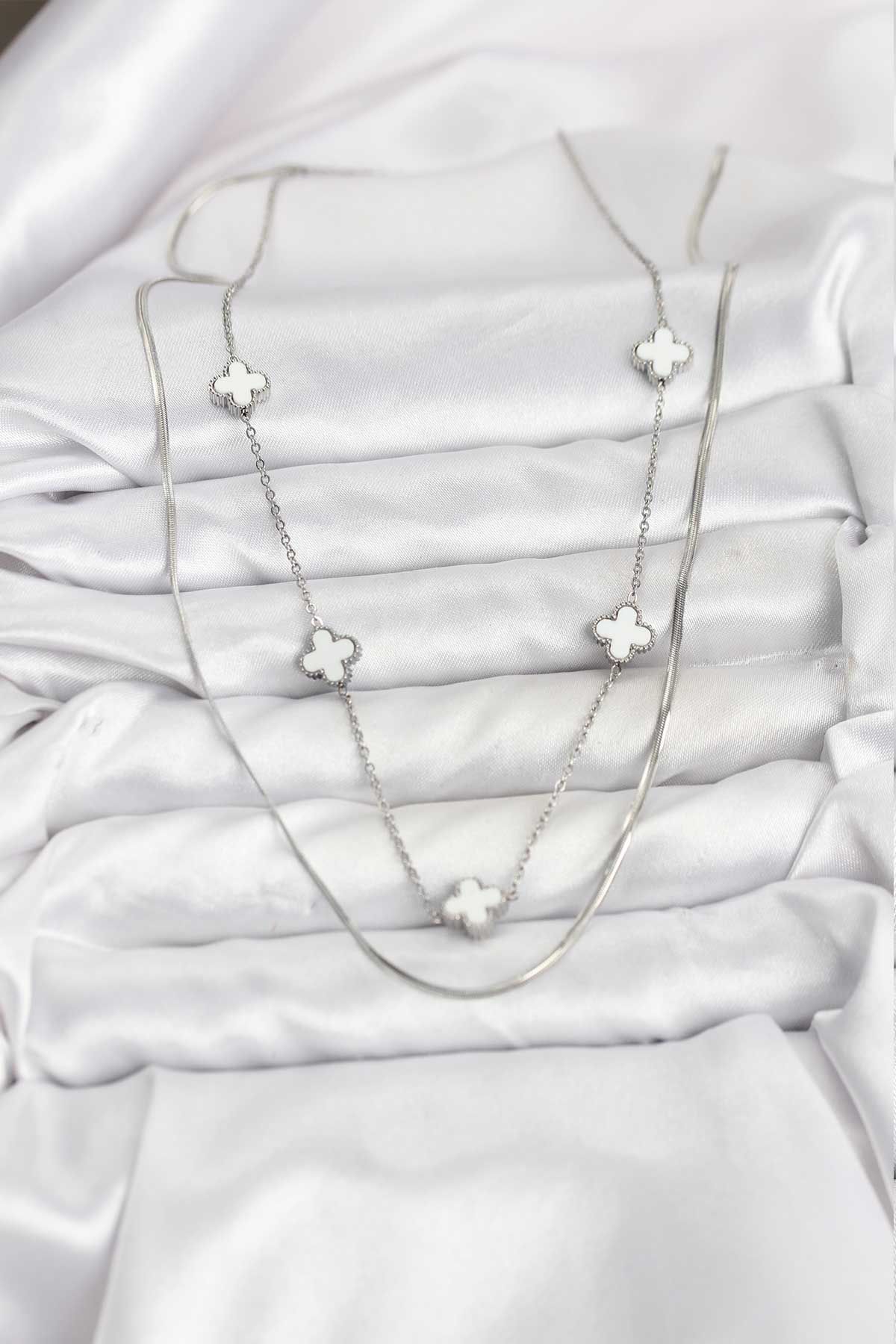 316L Çelik Zincir Gümüş Renk İtalyan Zincirli Yonca Model Kadın Kolye - TJ-BKO10779