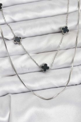 316L Çelik Zincir Gümüş Renk İtalyan Zincirli Siyah Yonca Model Kadın Kolye - TJ-BKO10781