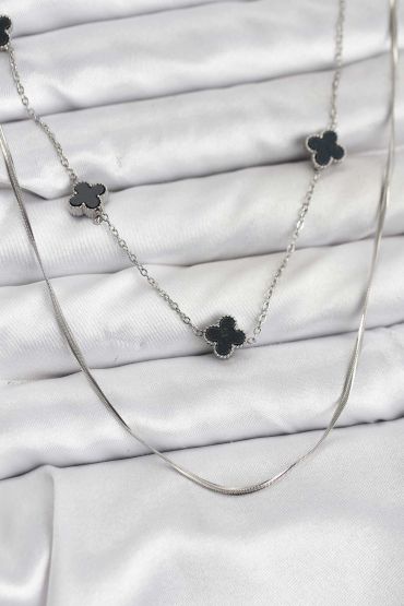 316L Çelik Zincir Gümüş Renk İtalyan Zincirli Siyah Yonca Model Kadın Kolye - TJ-BKO10781
