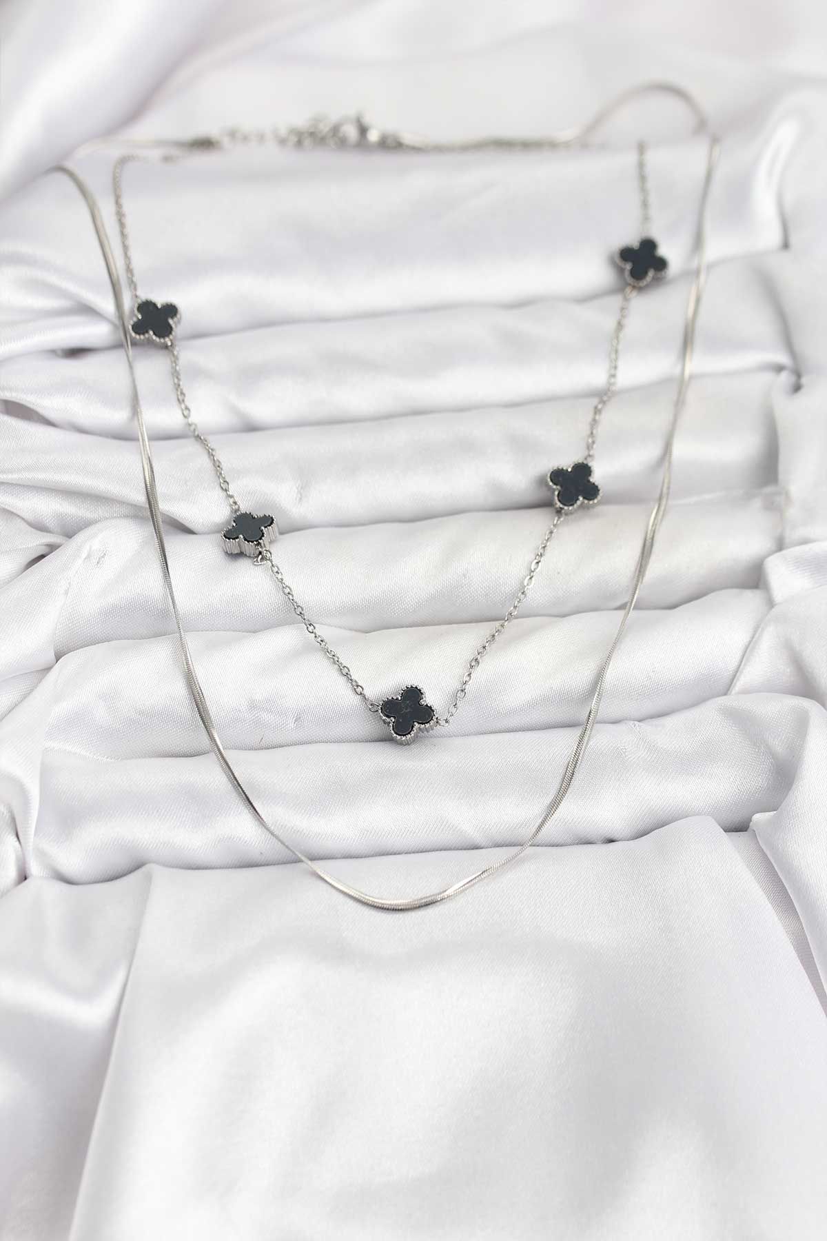 316L Çelik Zincir Gümüş Renk İtalyan Zincirli Siyah Yonca Model Kadın Kolye - TJ-BKO10781