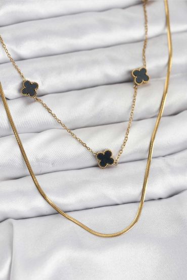 316L Çelik Zincir Gold Renk İtalyan Zincirli Siyah Yonca Model Kadın Kolye - TJ-BKO10782