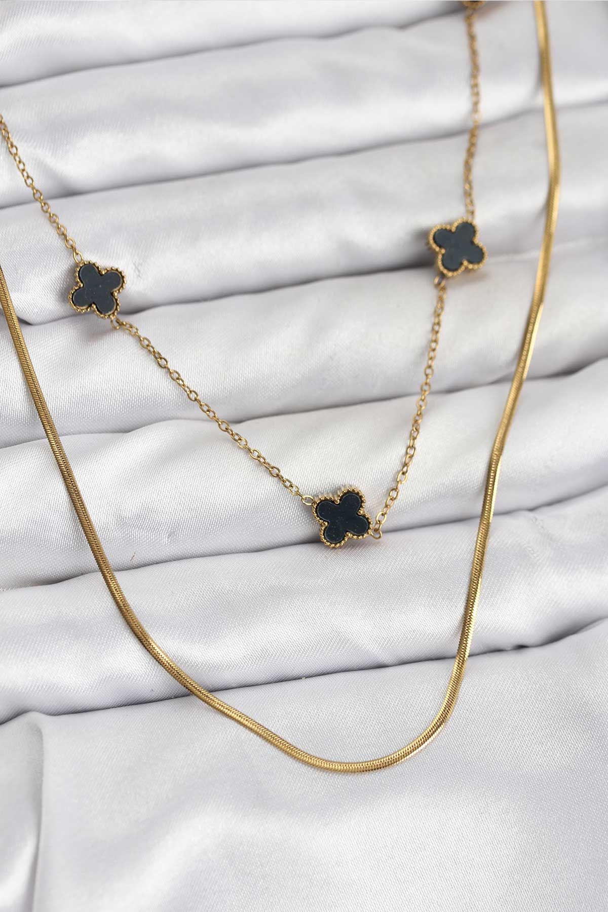 316L Çelik Zincir Gold Renk İtalyan Zincirli Siyah Yonca Model Kadın Kolye - TJ-BKO10782