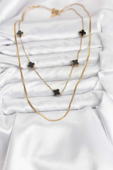 316L Çelik Zincir Gold Renk İtalyan Zincirli Siyah Yonca Model Kadın Kolye - TJ-BKO10782