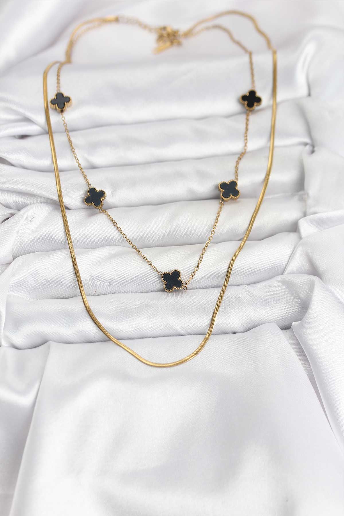 316L Çelik Zincir Gold Renk İtalyan Zincirli Siyah Yonca Model Kadın Kolye - TJ-BKO10782