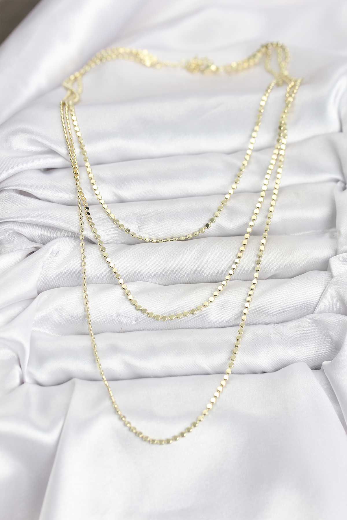 316L Çelik Zincir Gold Renk Ezme Zincir Model 3'lü Kadın Kolye - TJ-BKO10789