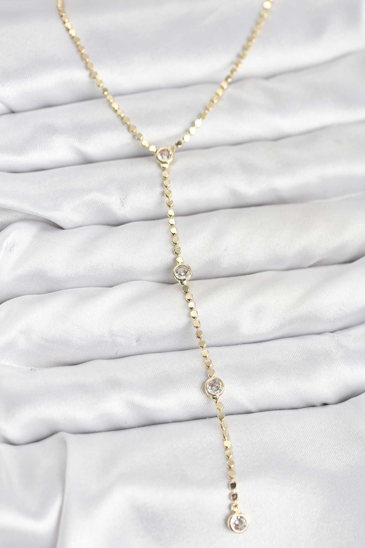 316L Çelik Gold Renk Ezme Zincir Model Y Kadın Kolye - TJ-BKO10790