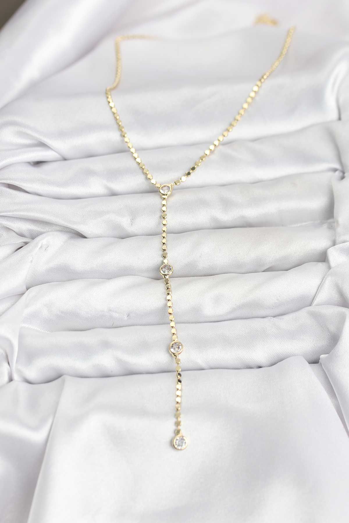 316L Çelik Gold Renk Ezme Zincir Model Y Kadın Kolye - TJ-BKO10790