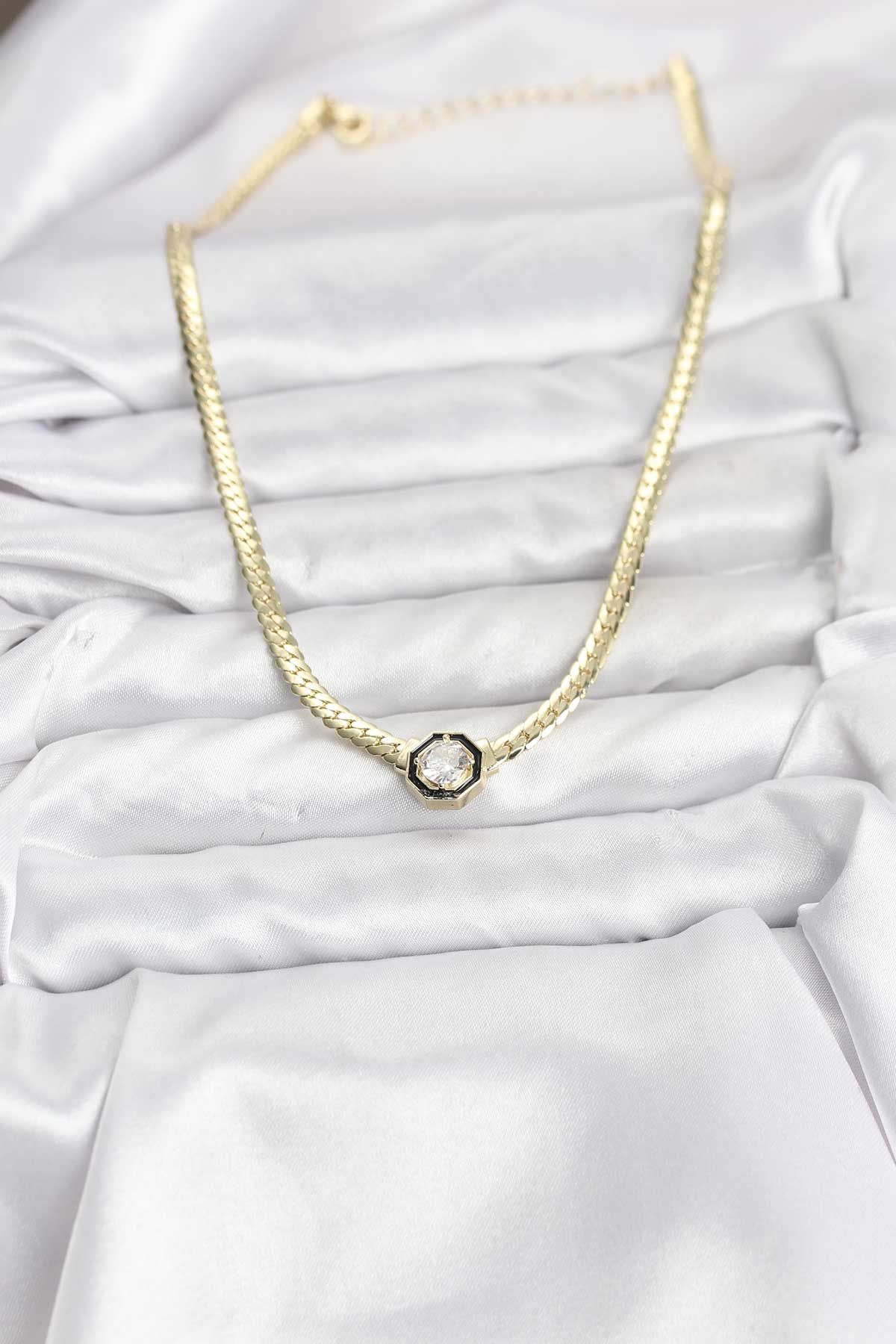 Gold Renk Pirinç Zirkon Taşlı Kadın Kolye - TJ-BKO10792