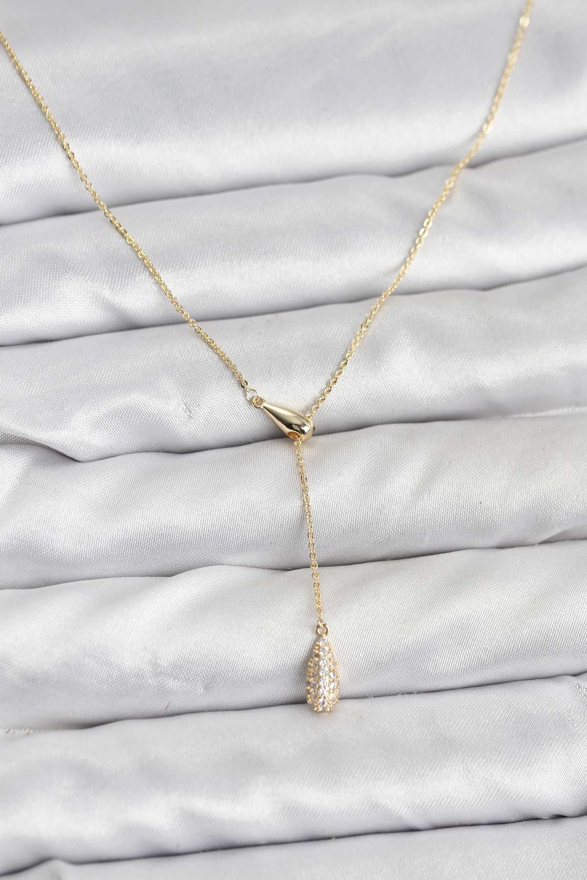 Pirinç Gold Renk Asansörlü Damla Model Kadın Kolye - TJ-BKO10799