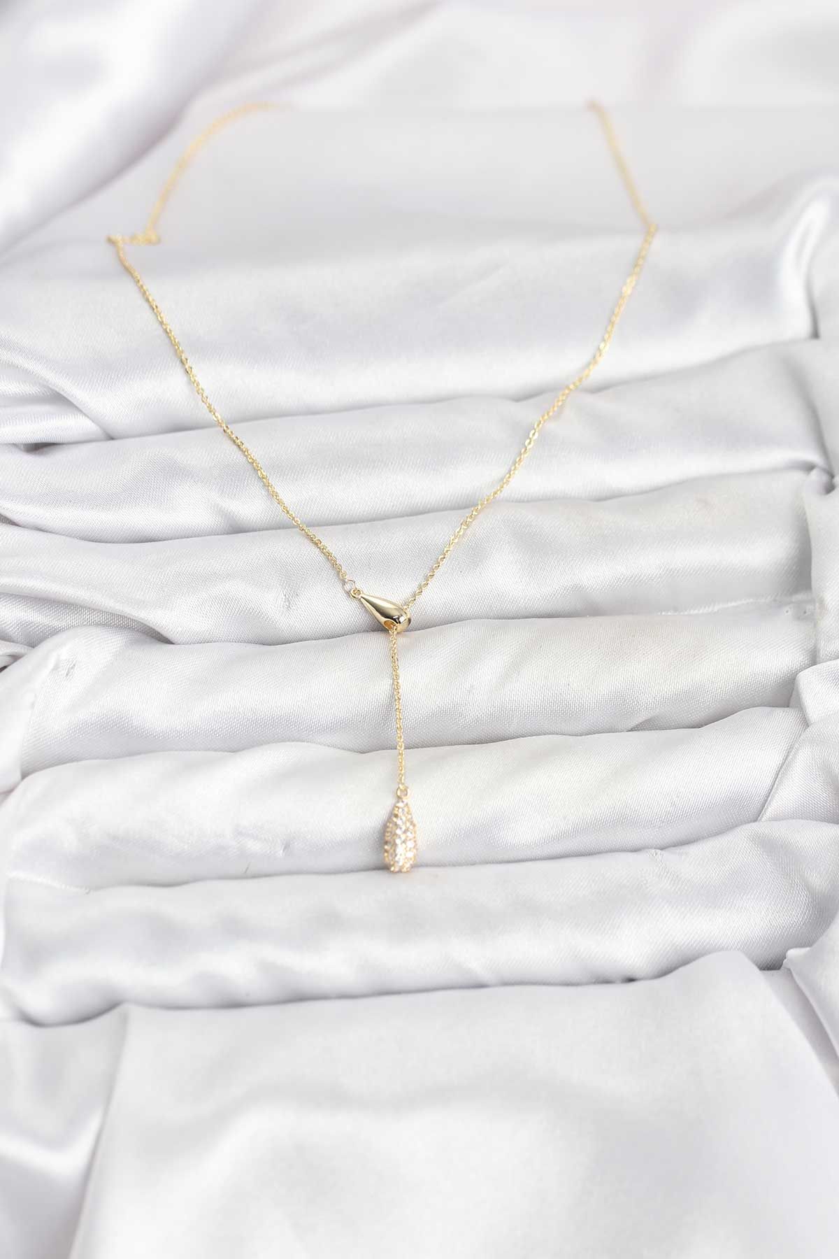 Pirinç Gold Renk Asansörlü Damla Model Kadın Kolye - TJ-BKO10799